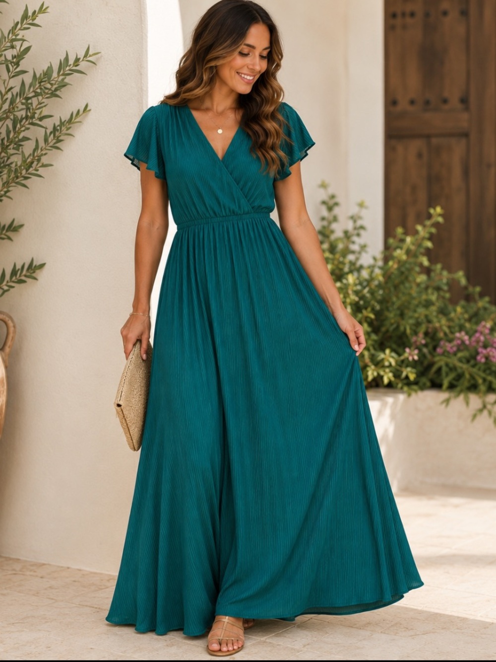 Baltic Born Green Pleated Maxi Dress | Surplice‎ V-Neck | Flutter Sleeve | Small